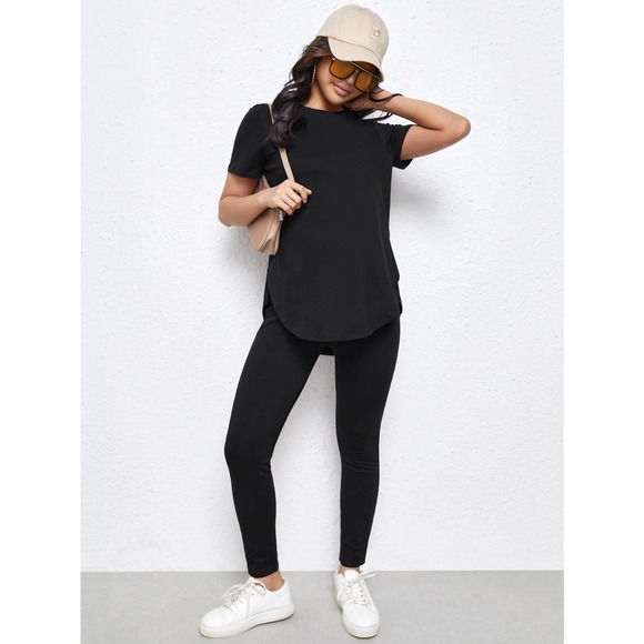 2 piece set: Maternity Split Curved Hem Solid Top & Leggings Set gray - Picture 7 of 11